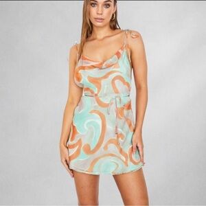Saints + Secrets Mint Swirl Cowl Neck Open Back Dress S/M Halter Chiffon BD